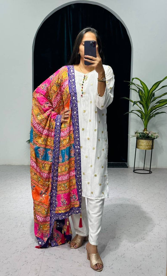 White Color Pretty Salwar Suit With Multi Dupatta