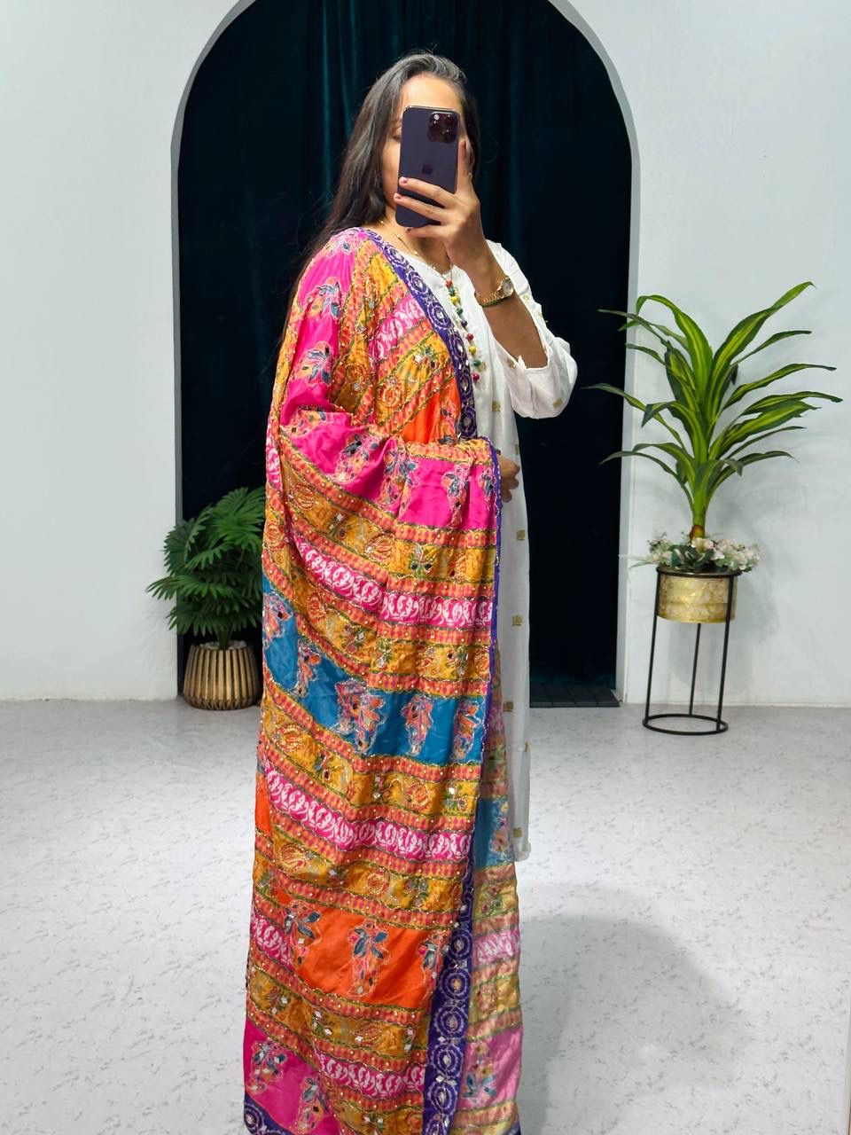 White Color Pretty Salwar Suit With Multi Dupatta