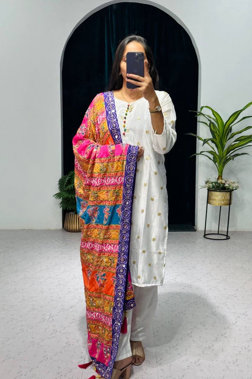 White Color Pretty Salwar Suit With Multi Dupatta