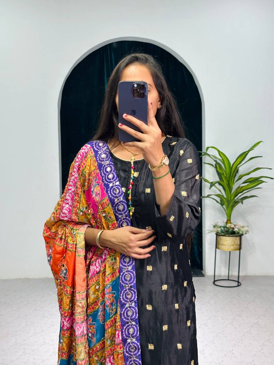 Black Color Pretty Salwar Suit With Multi Dupatta