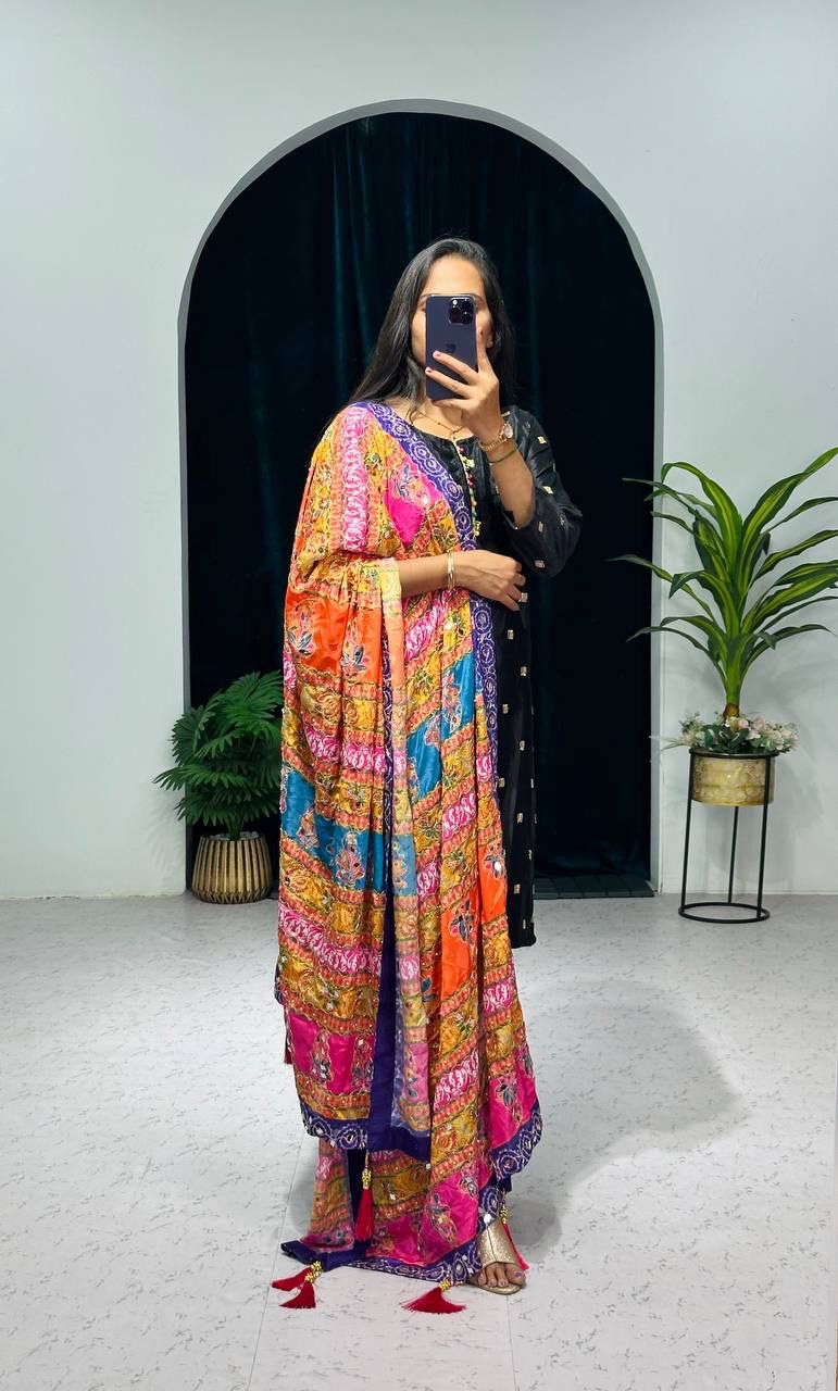 Black Color Pretty Salwar Suit With Multi Dupatta