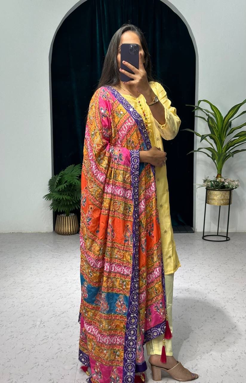 Yellow Color Pretty Salwar Suit With Multi Dupatta