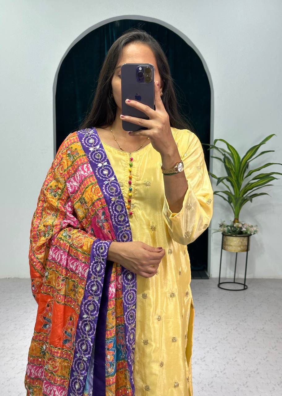 Yellow Color Pretty Salwar Suit With Multi Dupatta