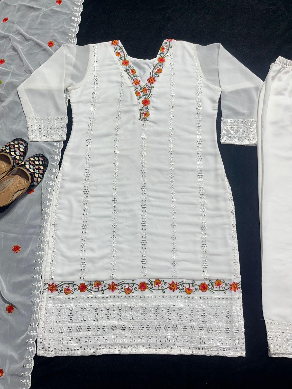 White Color Sequence Embroidery Thread Work Salwar Suit