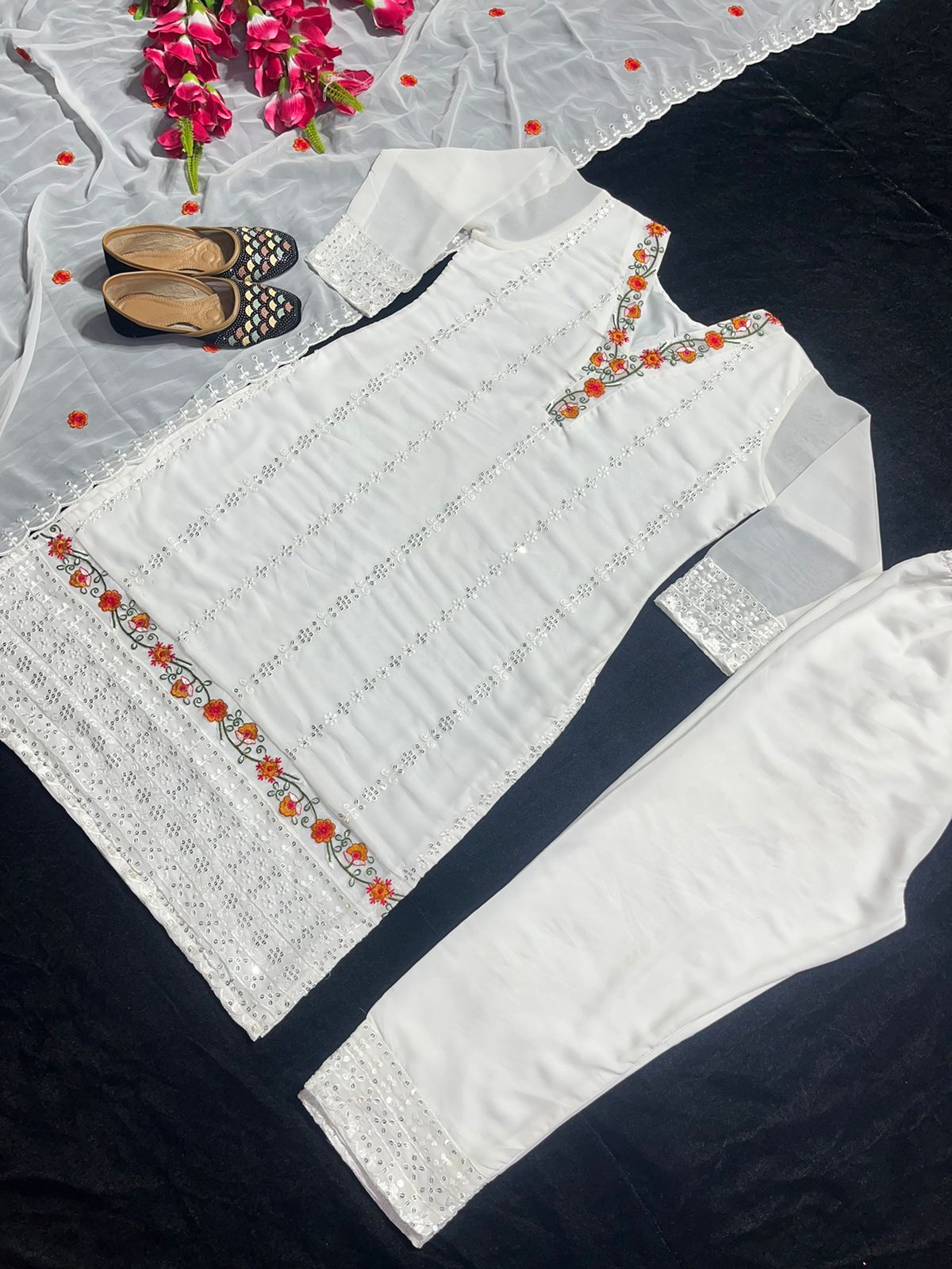 White Color Sequence Embroidery Thread Work Salwar Suit