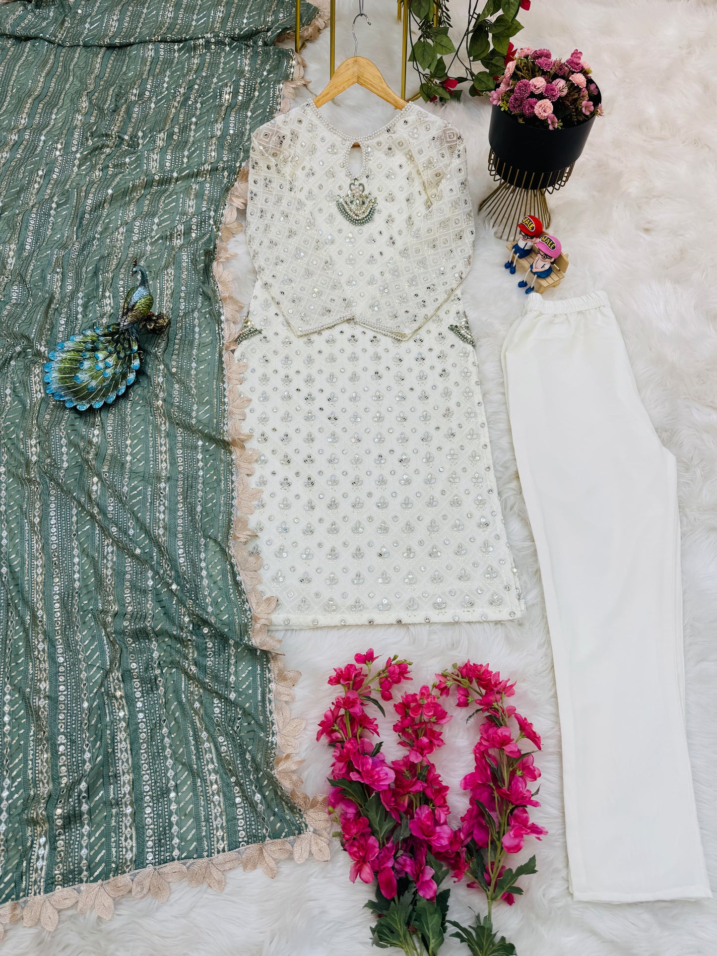 Wonderful Pista Color Thread Sequence Work Salwar Suit