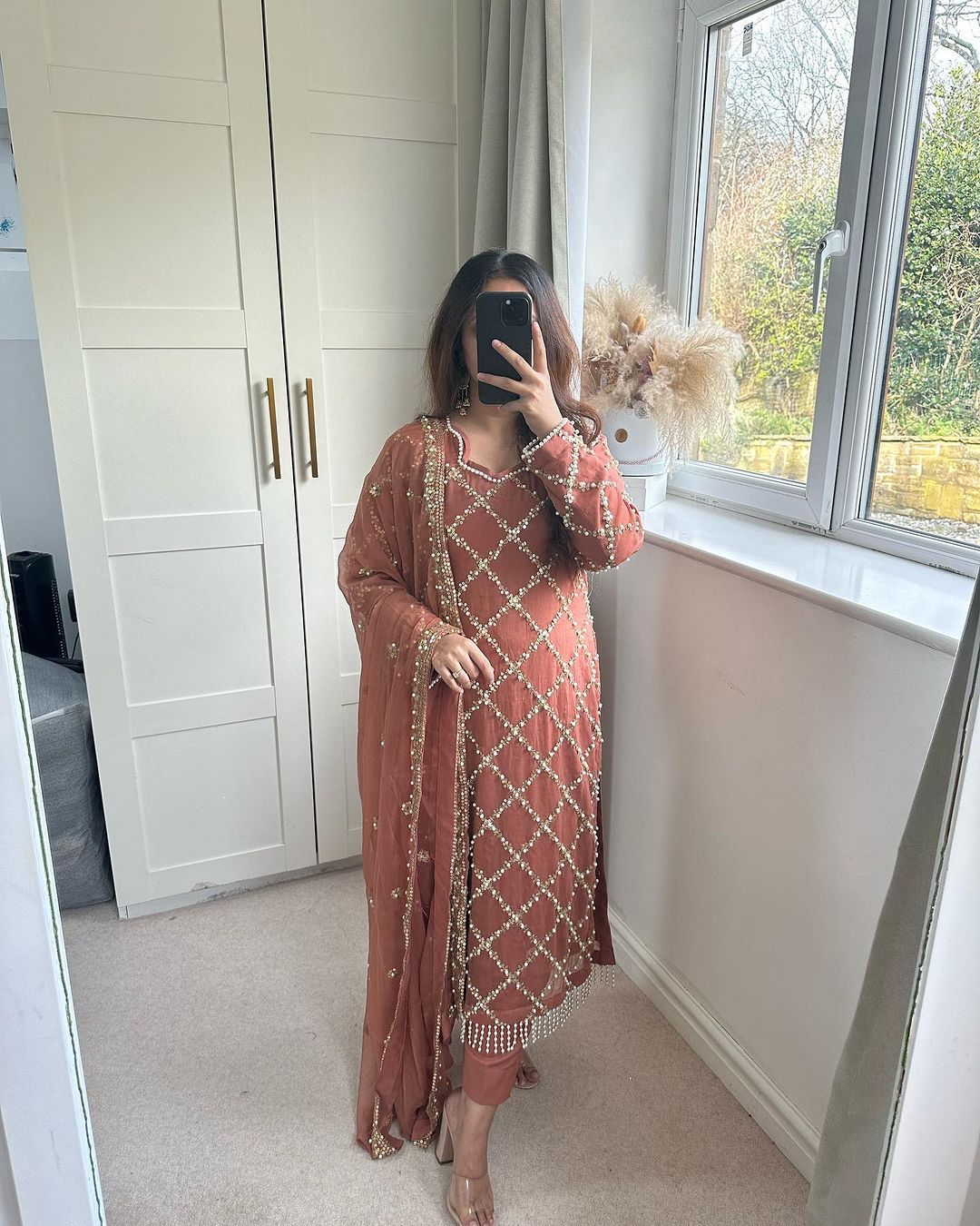 Innovative Work Peach Color Salwar Suit With Dupatta