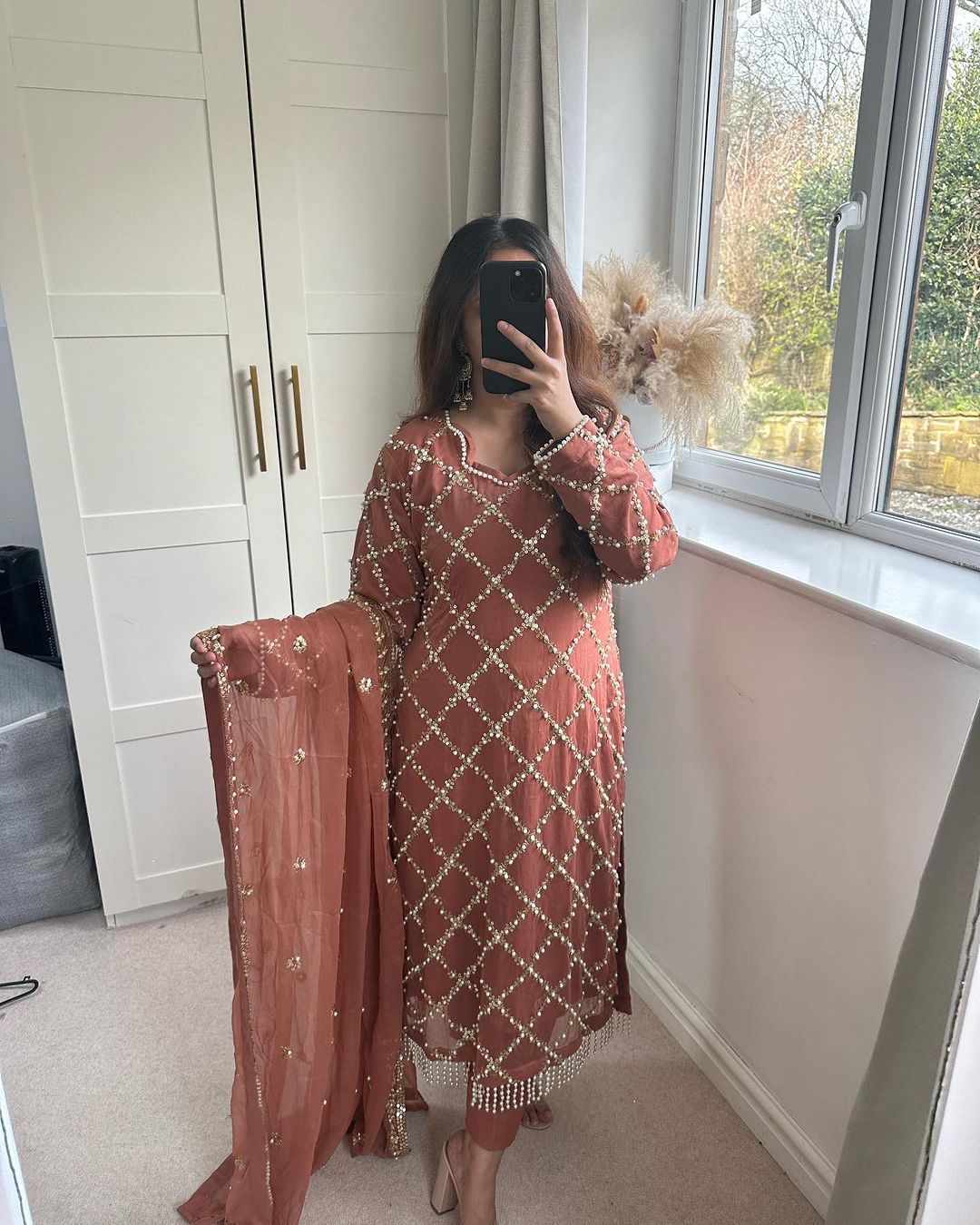 Innovative Work Peach Color Salwar Suit With Dupatta