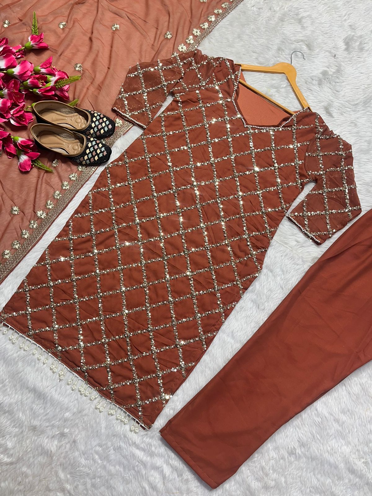 Innovative Work Peach Color Salwar Suit With Dupatta