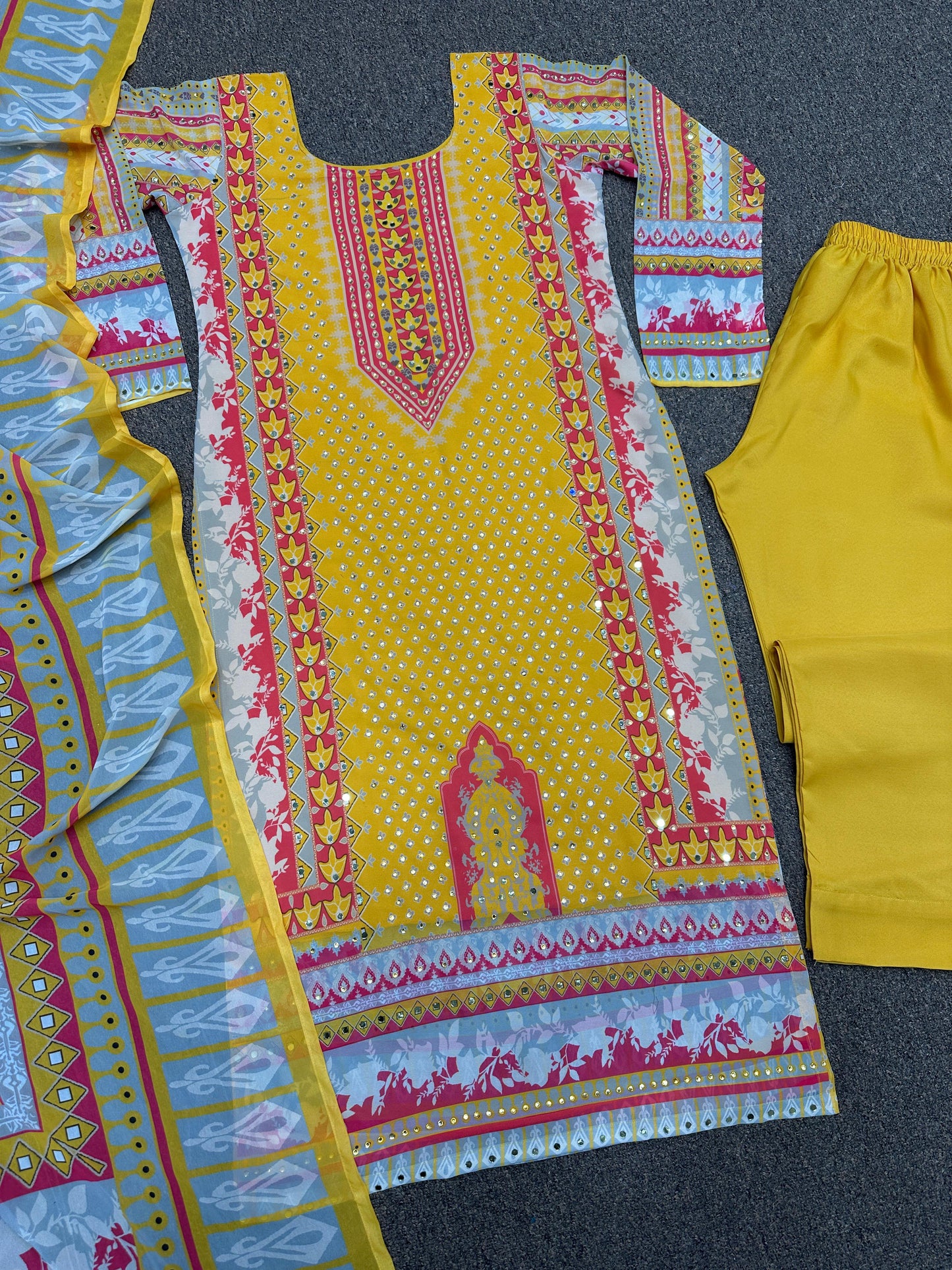 Decent Yellow Color Mirror And Stone Hand Work Salwar Suit