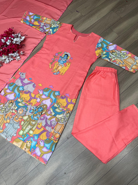 Kalamkari Print Peach Color Festive Wear Salwar Suit