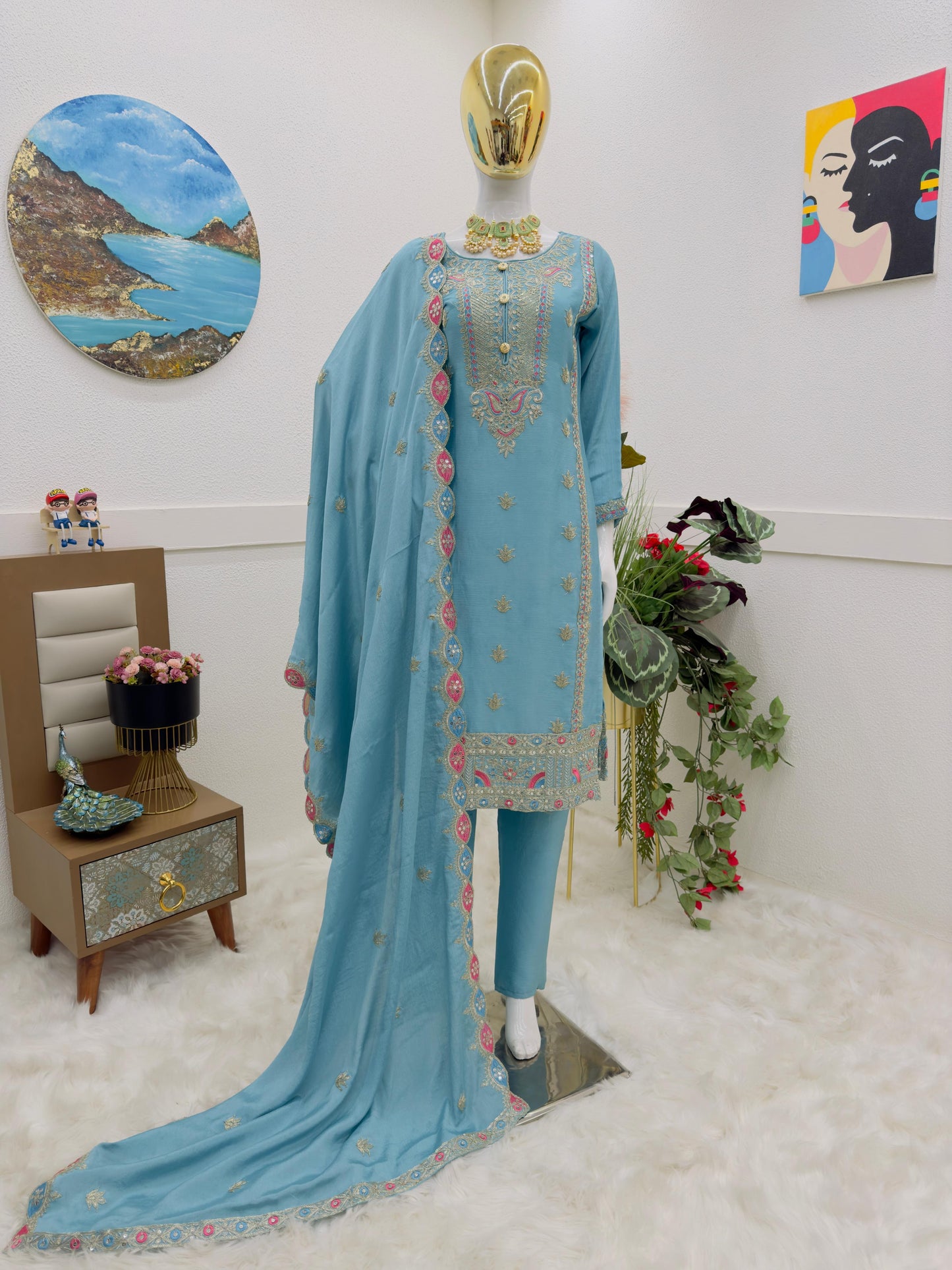 Opulent Sky Blue Color Coding Embroidery Work Salwar Suit