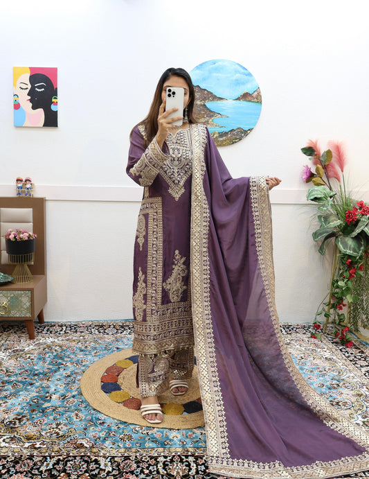 Dusty Purple Color Embroidery Work Stylish Salwar Suit