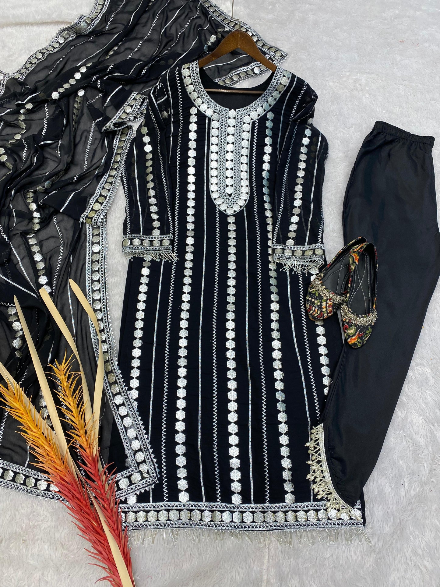 Terrific Black Color Embroidery Foil Work Salwar Suit