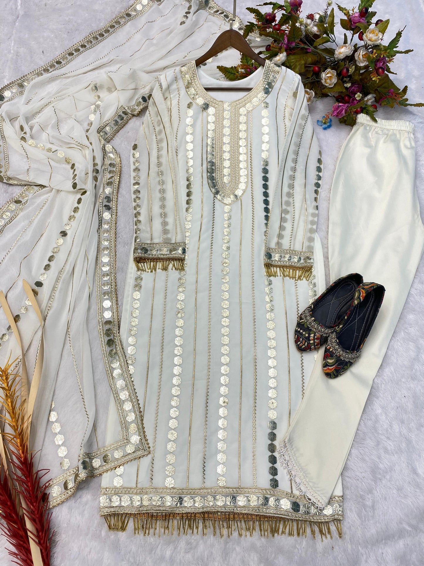 Terrific White Color Embroidery Foil Work Salwar Suit