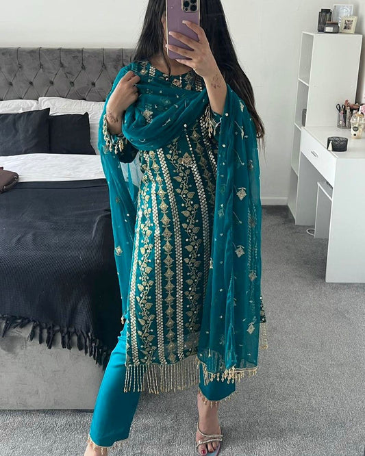 Decent Embroidered Work Teal Blue Color Salwar Suit