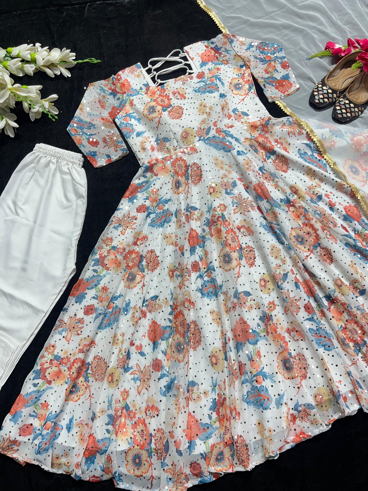 Multi Print With Work White Anarkali Suit