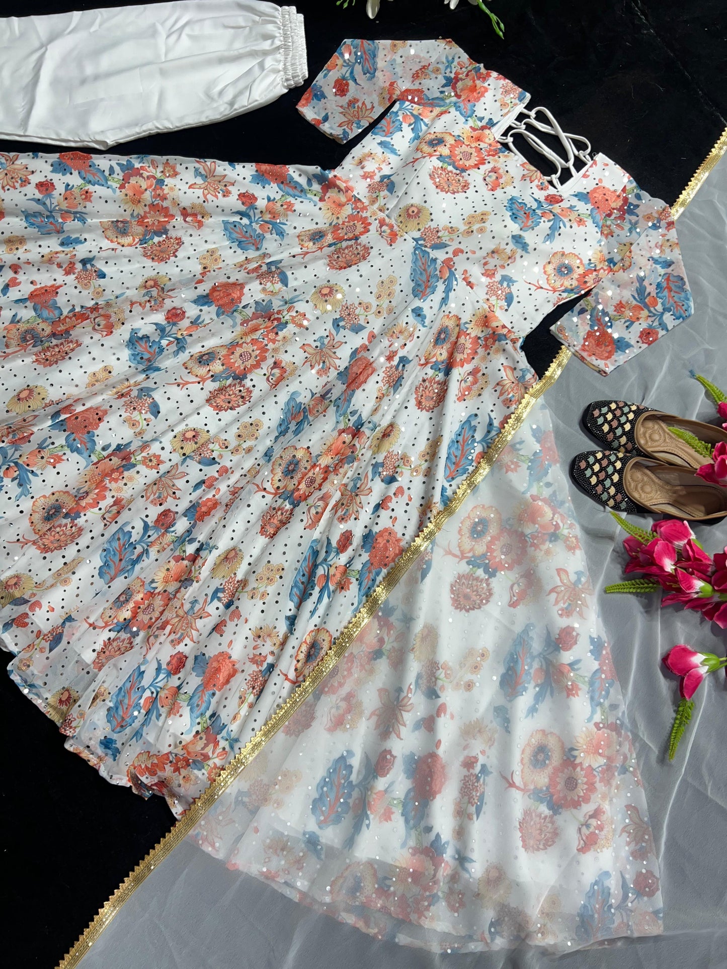 Multi Print With Work White Anarkali Suit