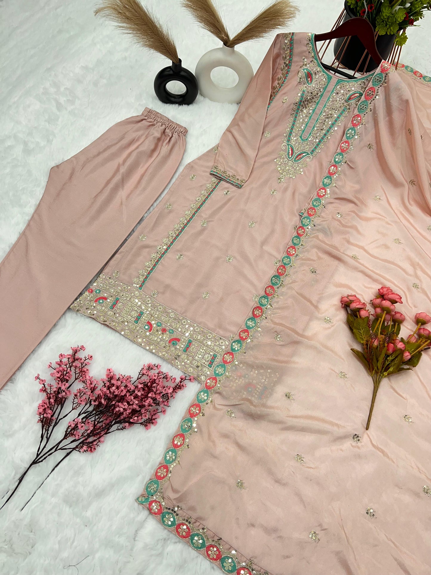 Fantastic Embroidery Work Beige Color Salwar Suit
