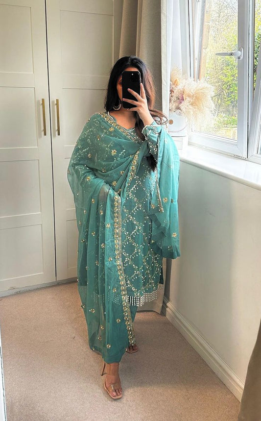Glorious Sky Blue Color Full Embroidery Work Salwar Suit