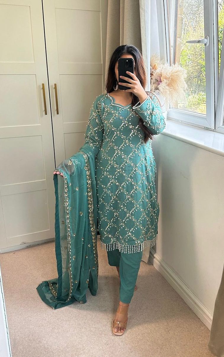 Glorious Sky Blue Color Full Embroidery Work Salwar Suit