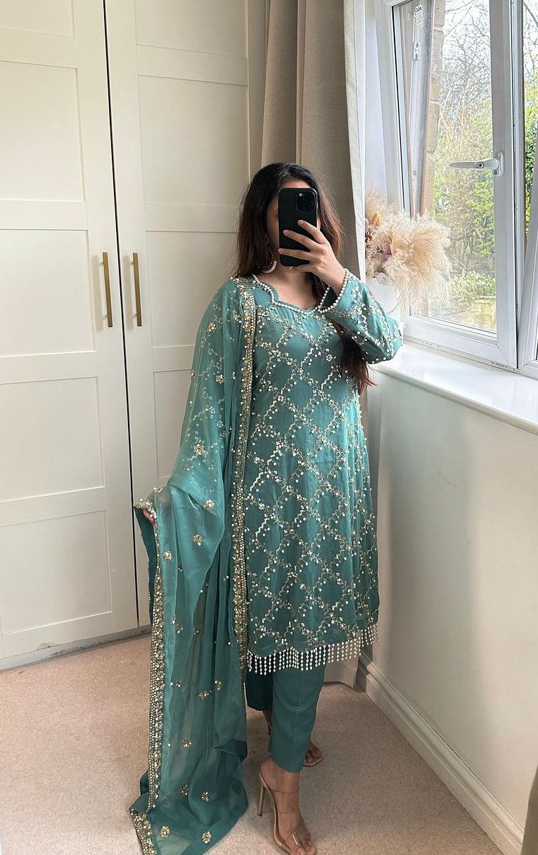 Glorious Sky Blue Color Full Embroidery Work Salwar Suit