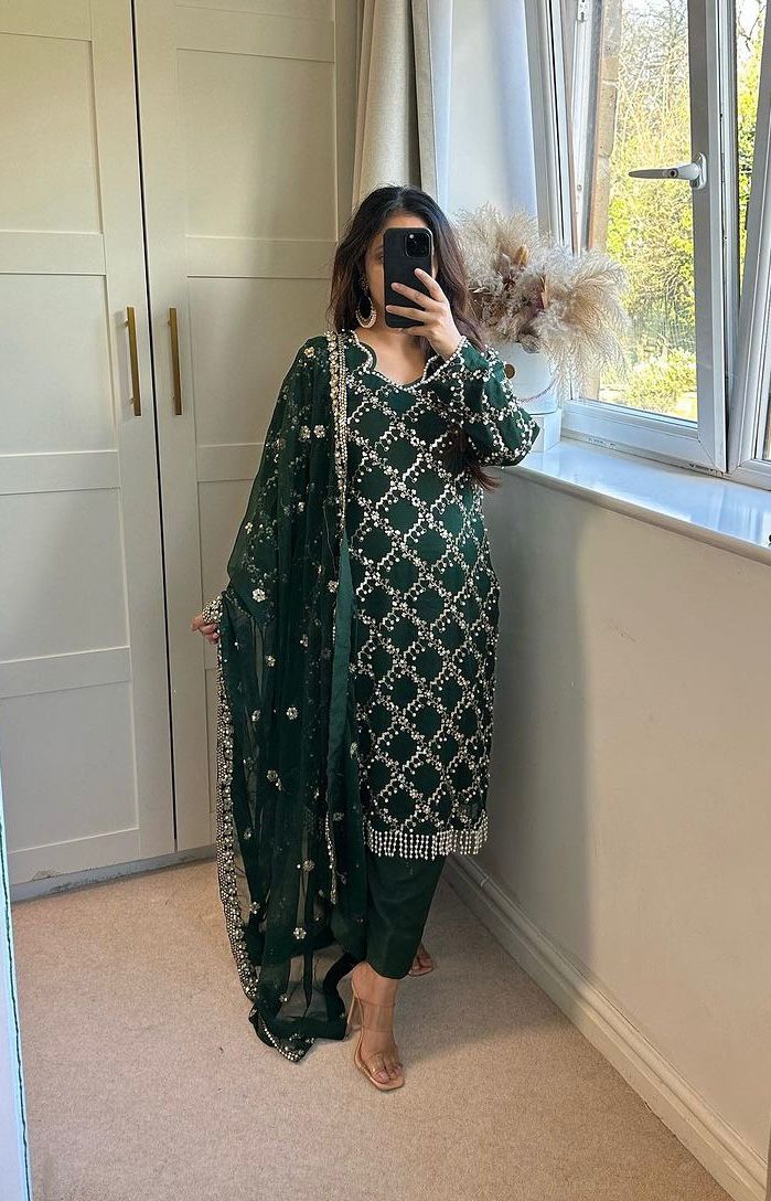 GloriousDark Green Color Full Embroidery Work Salwar Suit