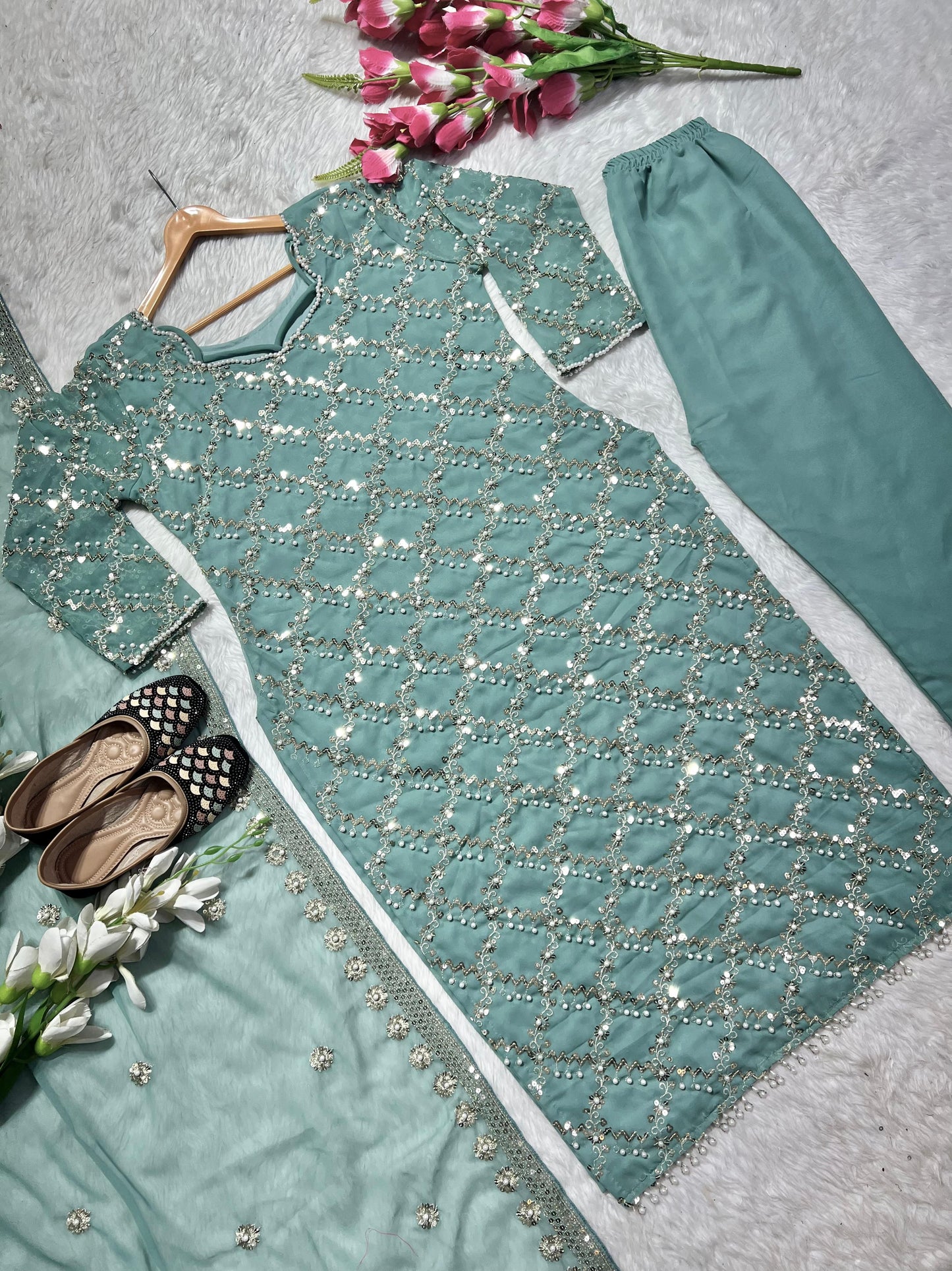 Glorious Sky Blue Color Full Embroidery Work Salwar Suit