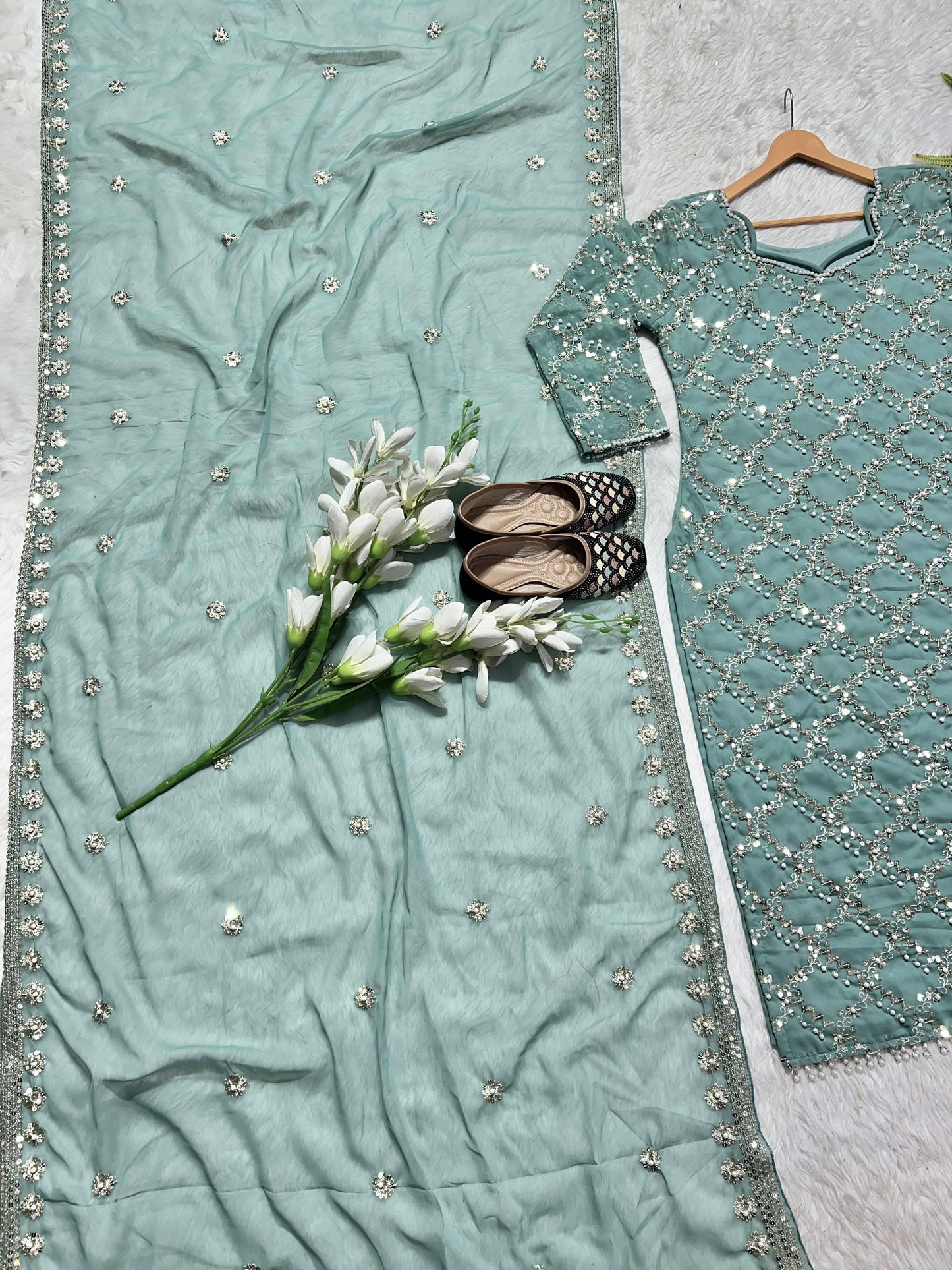 Glorious Sky Blue Color Full Embroidery Work Salwar Suit