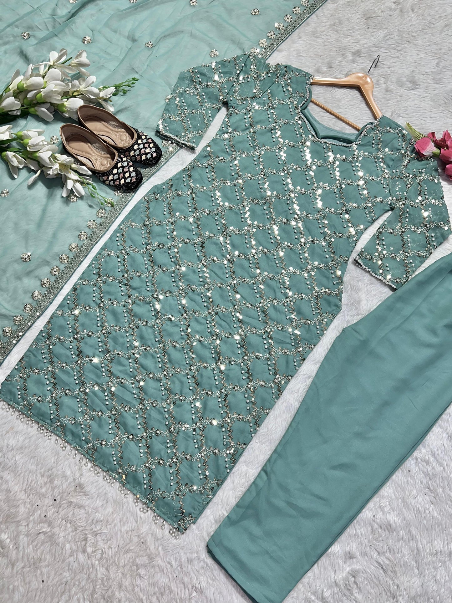 Glorious Sky Blue Color Full Embroidery Work Salwar Suit