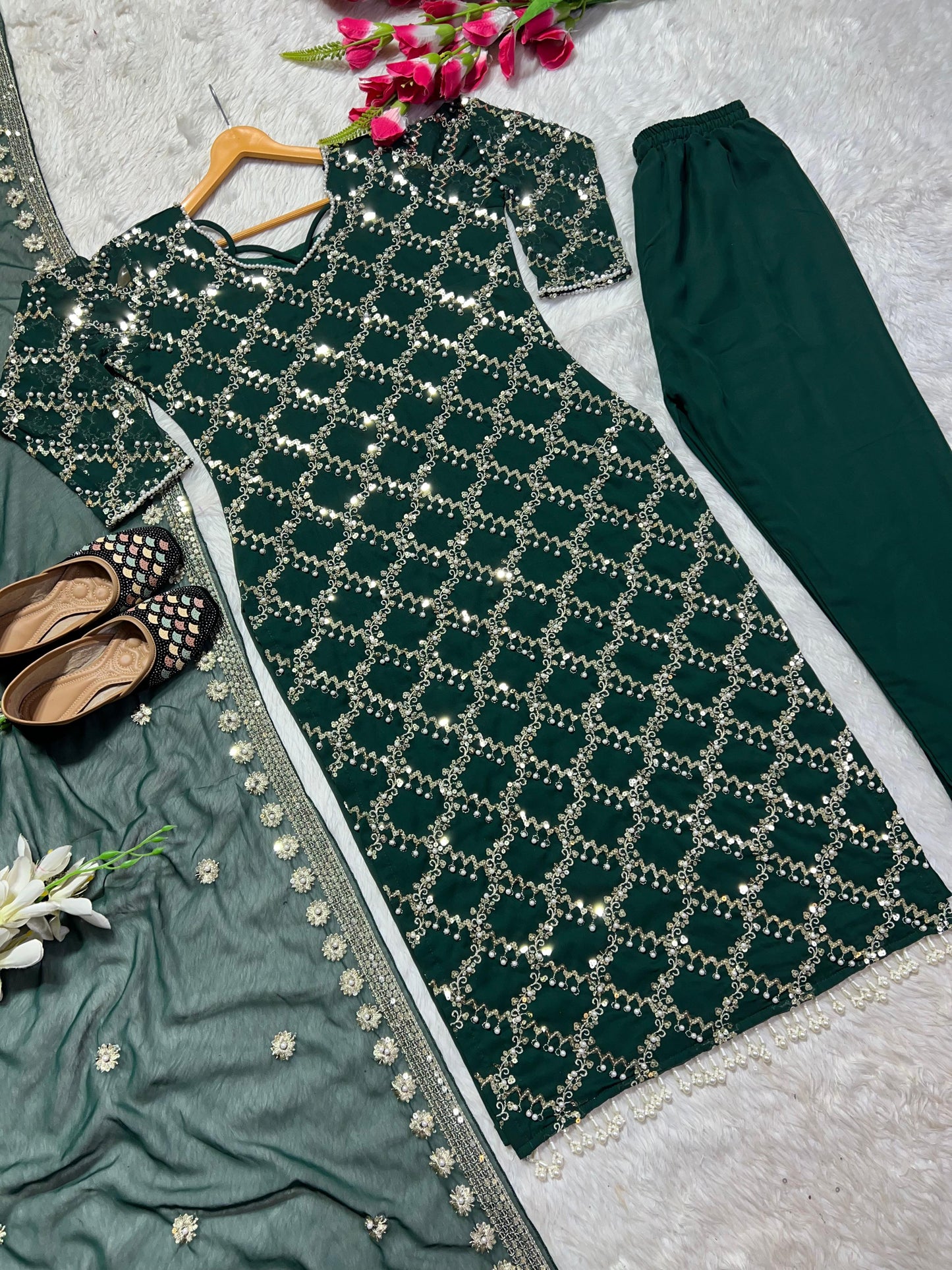 GloriousDark Green Color Full Embroidery Work Salwar Suit