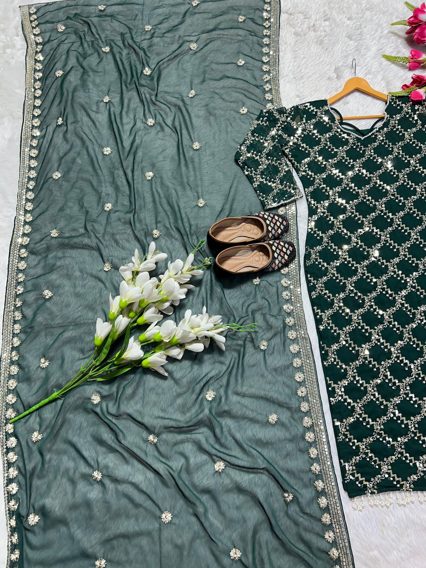 GloriousDark Green Color Full Embroidery Work Salwar Suit