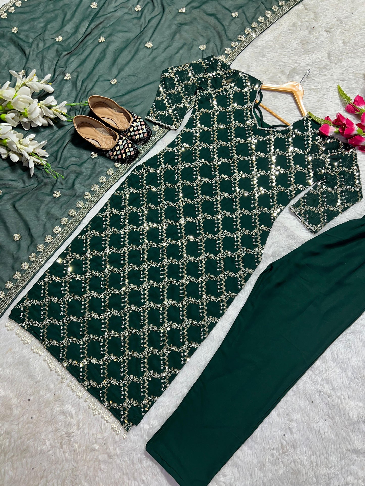 GloriousDark Green Color Full Embroidery Work Salwar Suit