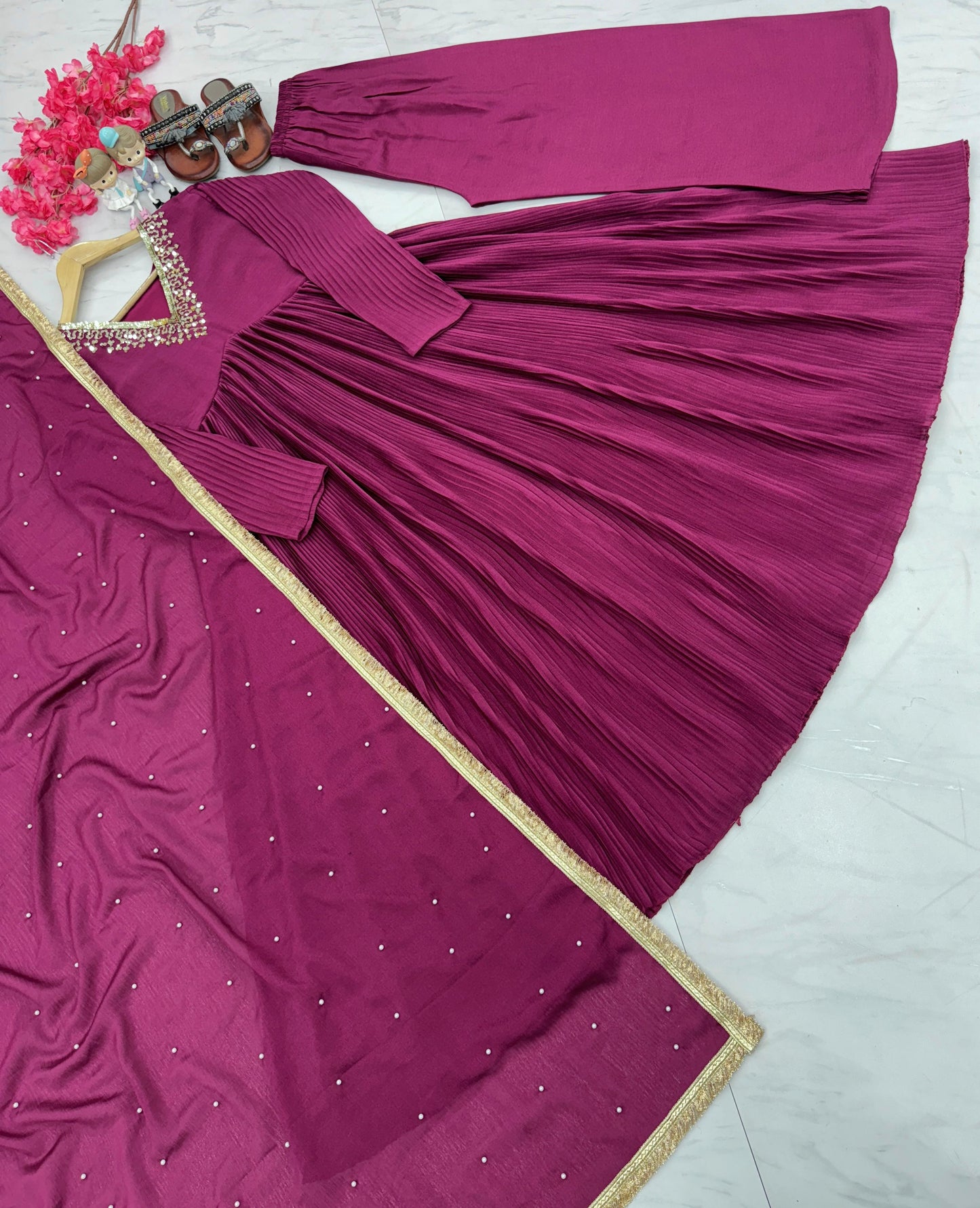 Stunning Dark Pink Color Crushed Anarkali Suit