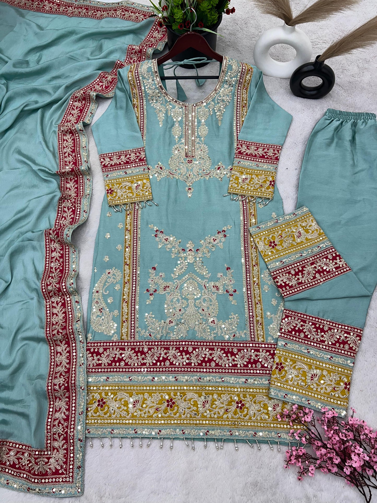 Sky Blue Salwar Suit With Beautiful Sequence Embroidery Work