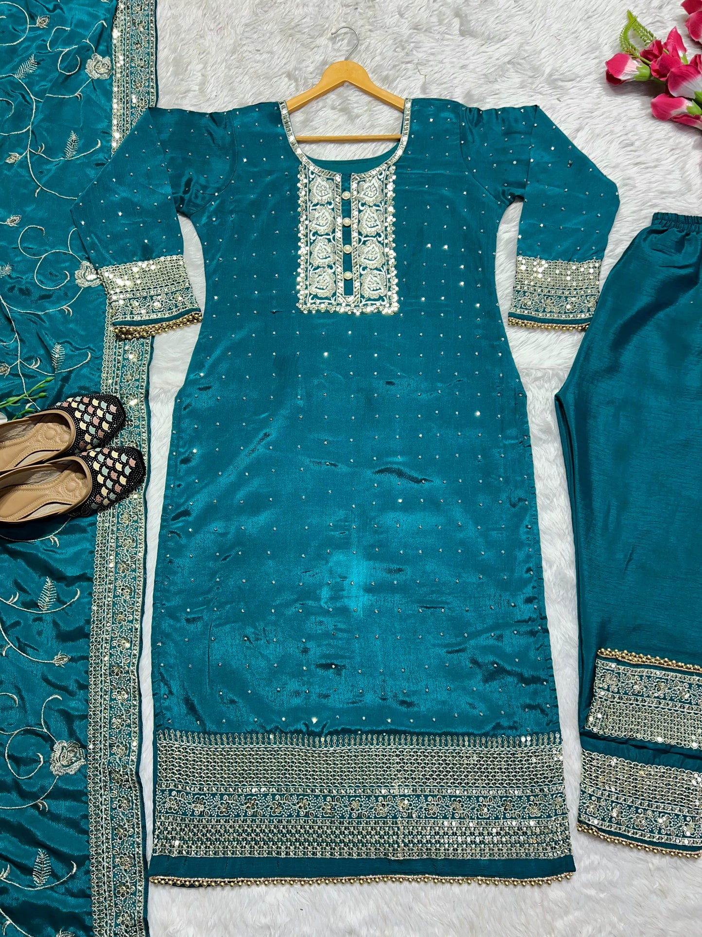 Teal Blue Color Sequence Work Kurti Pant With Dupatta