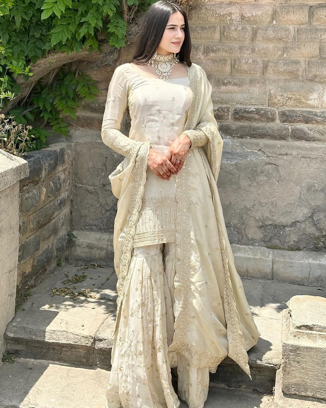 Party Wear White Color Georgette Embroidery Work Sharara Suit