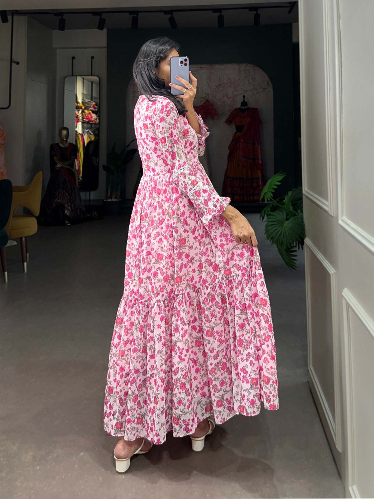 Party Wear Light Pink Floral Print Georgette Gown