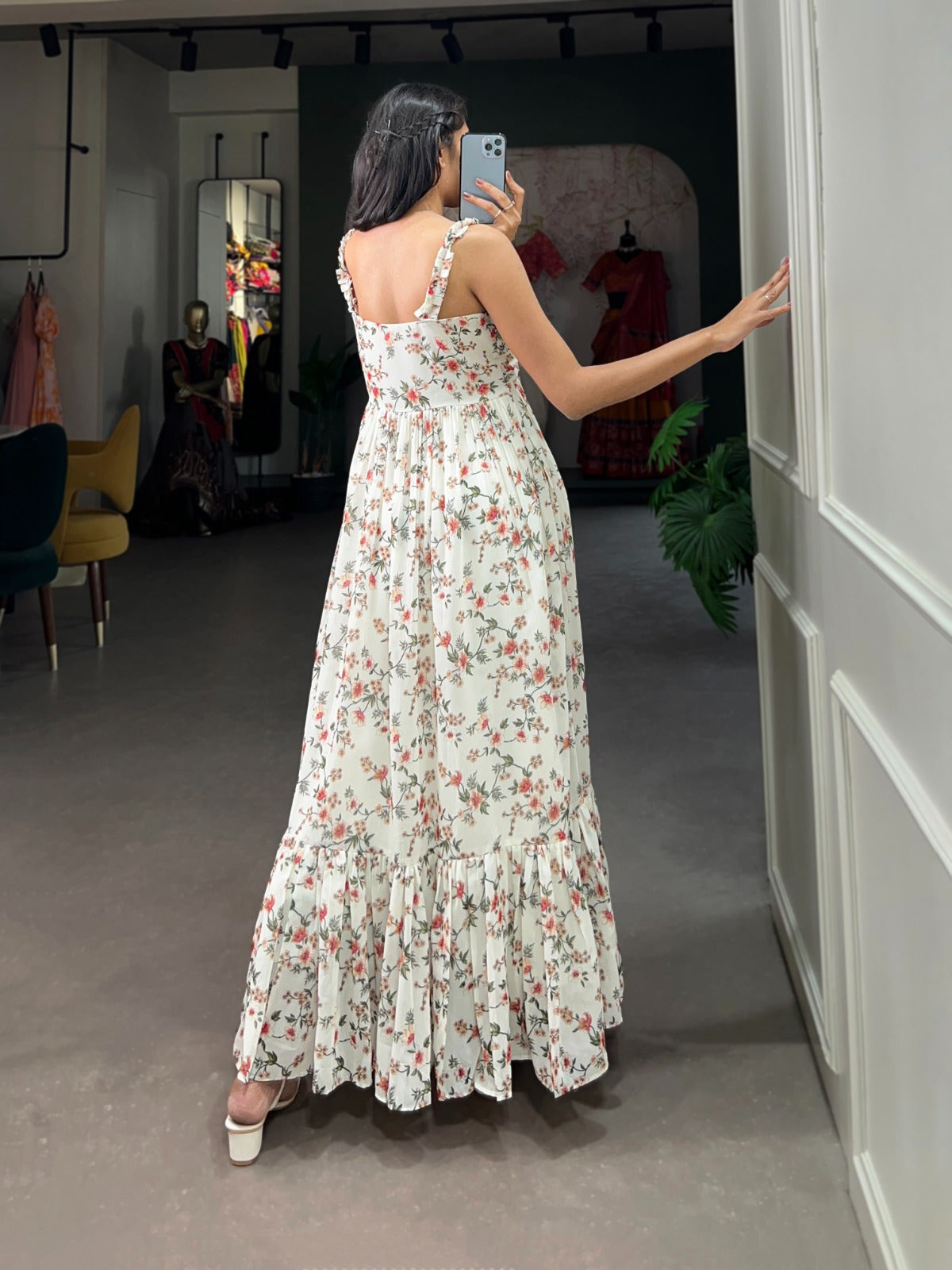 Party Wear White Floral Print Georgette Gown