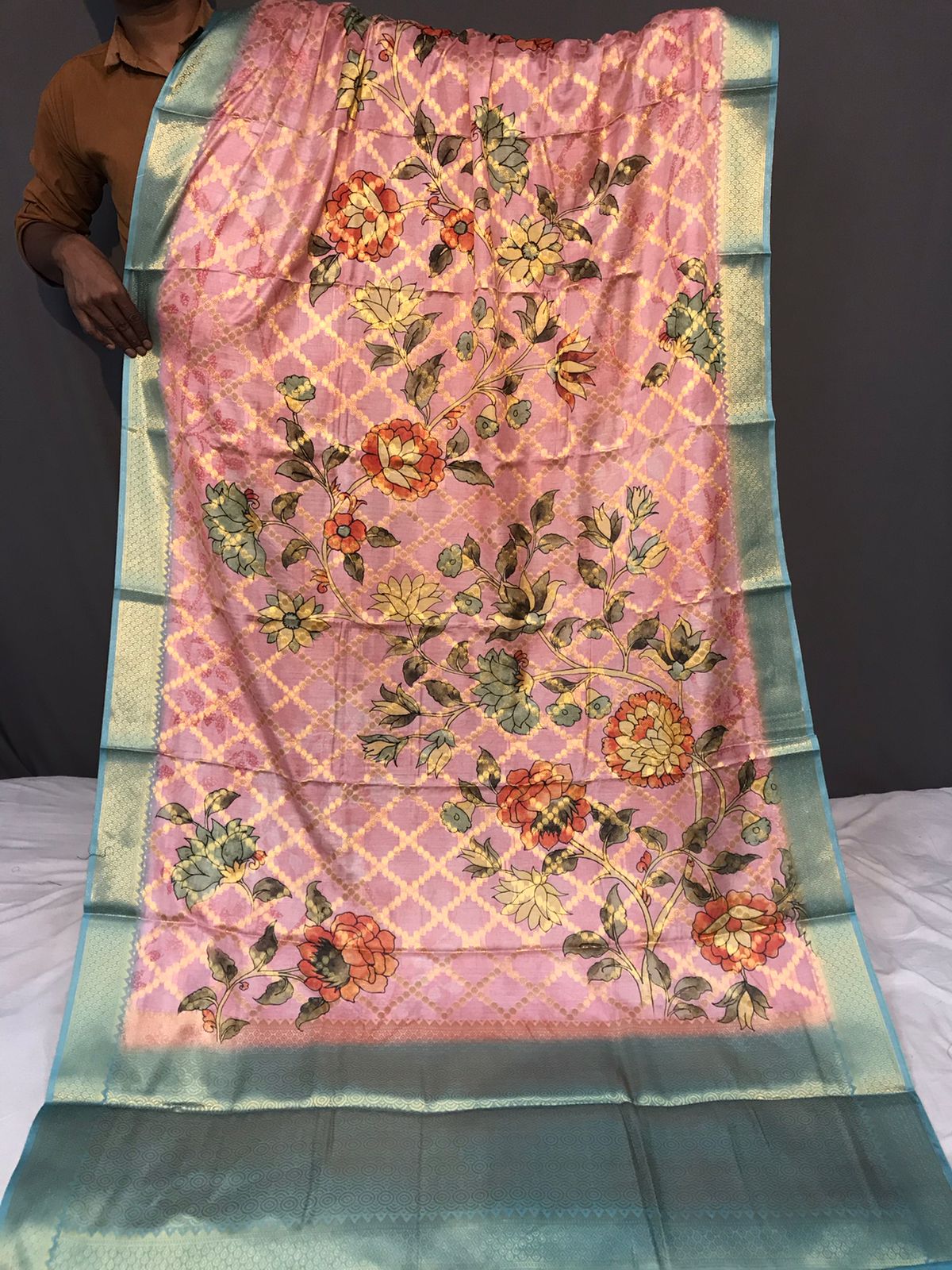 Wedding Wear Pink Color Multi Digital Flower Print Saree