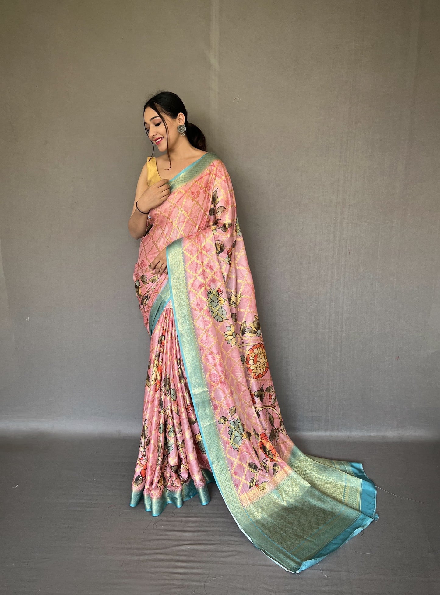 Wedding Wear Pink Color Multi Digital Flower Print Saree