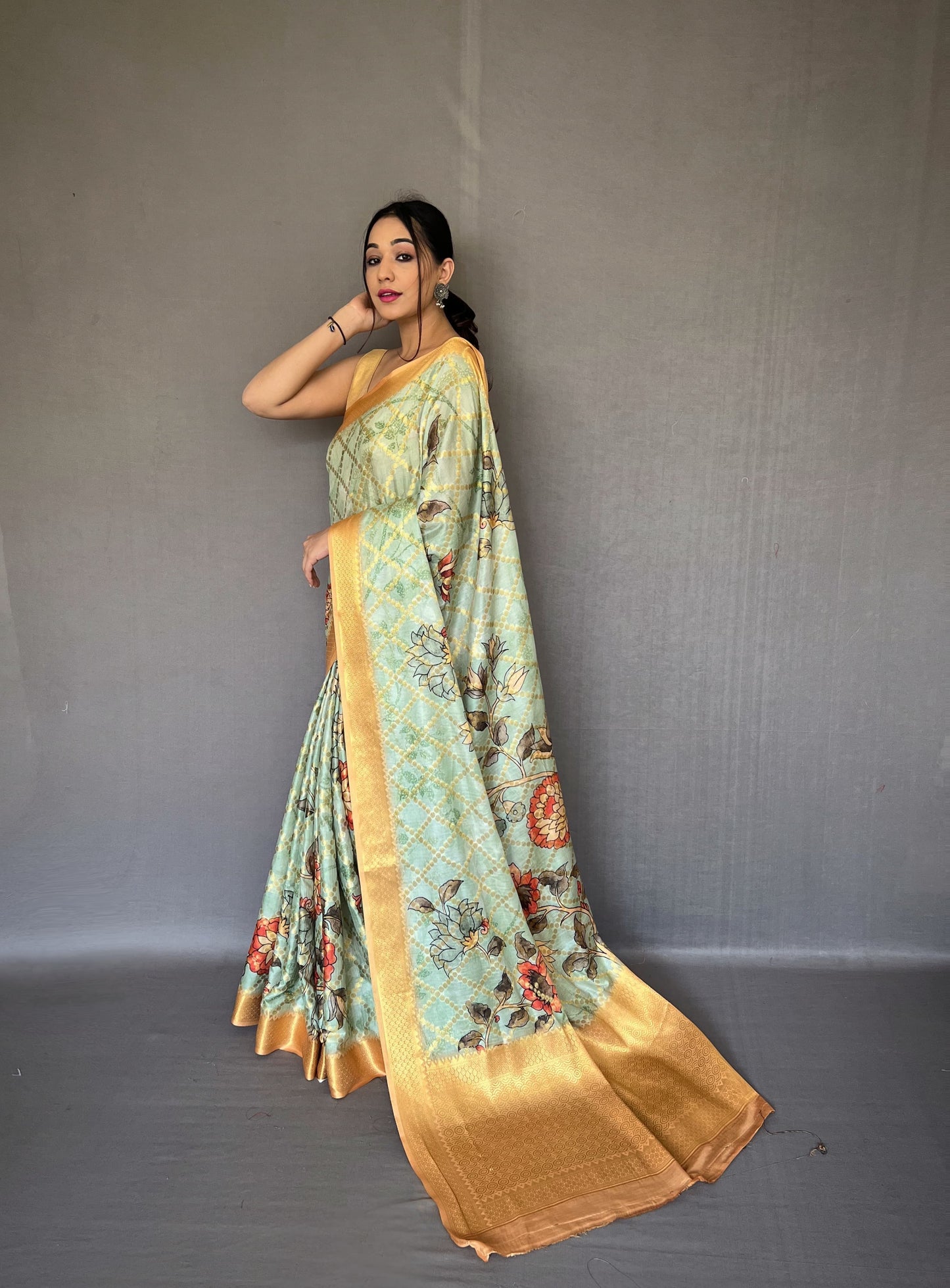 Wedding Wear Light Green Color Multi Digital Flower Print Saree