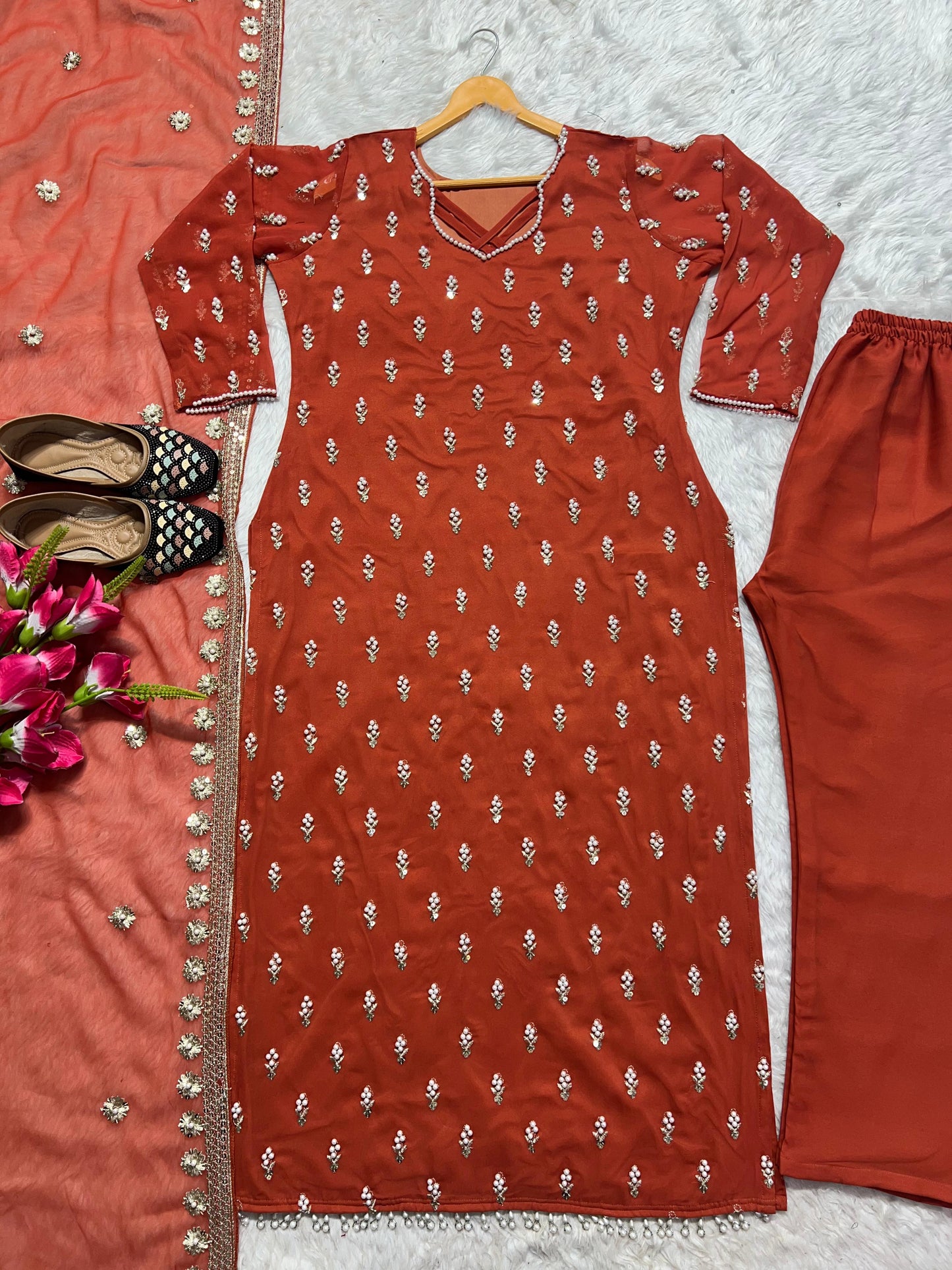 Eyes Catching Moti Hand And Sequence Embroidery Work Orange Color Salwar Suit