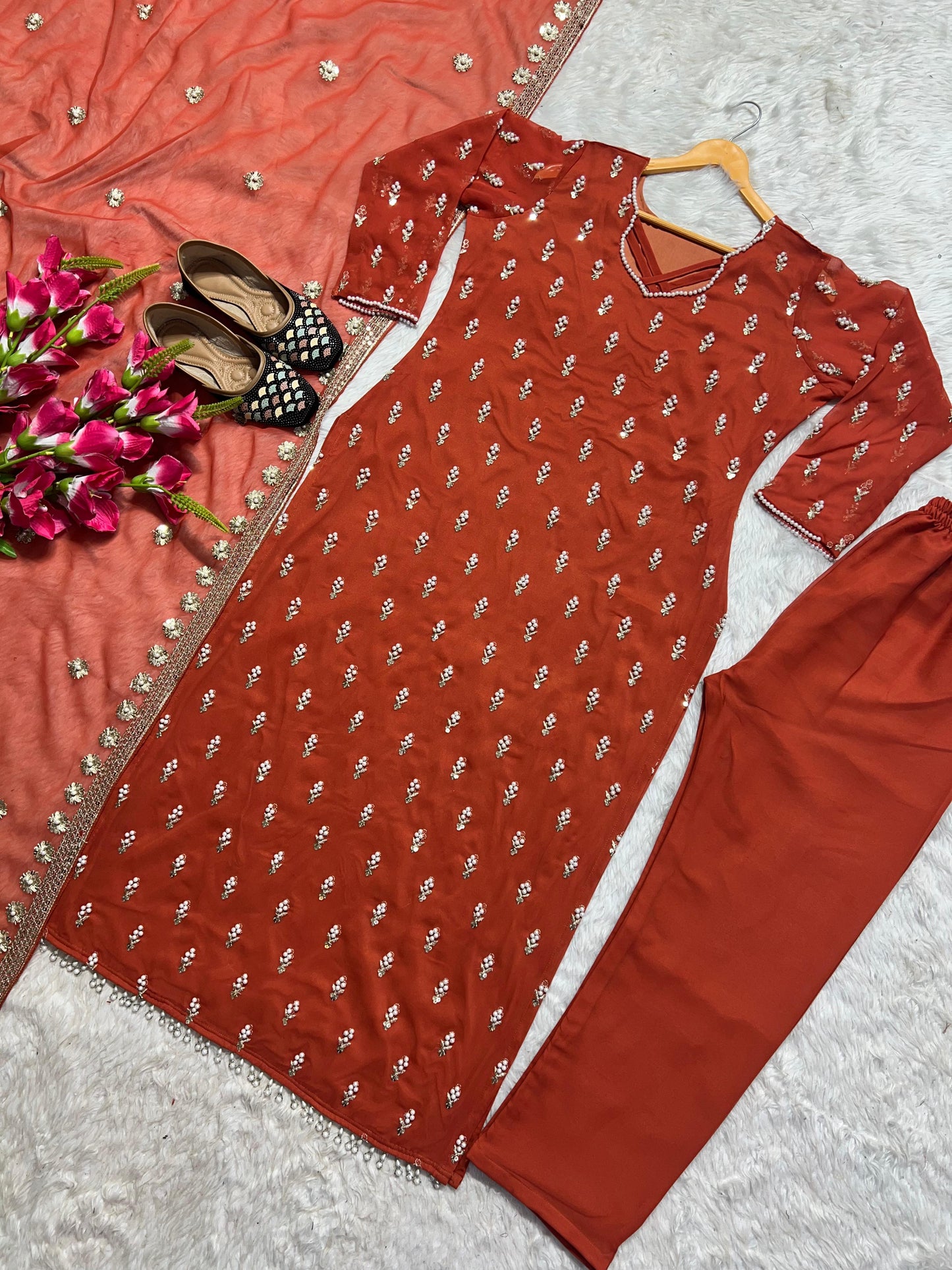 Eyes Catching Moti Hand And Sequence Embroidery Work Orange Color Salwar Suit