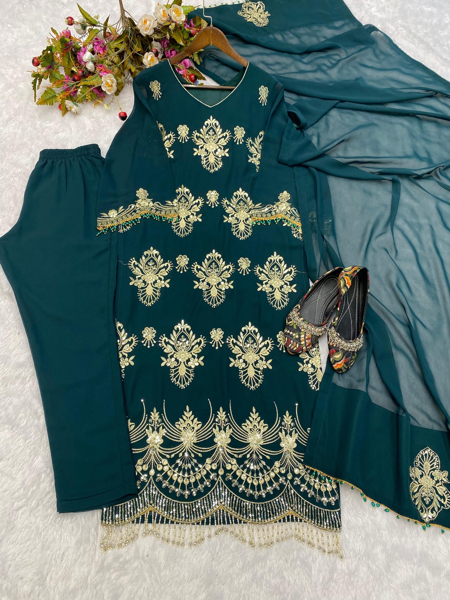 Fabulous Georgette Sequence Embroidered Work Green Color Salwar Suit