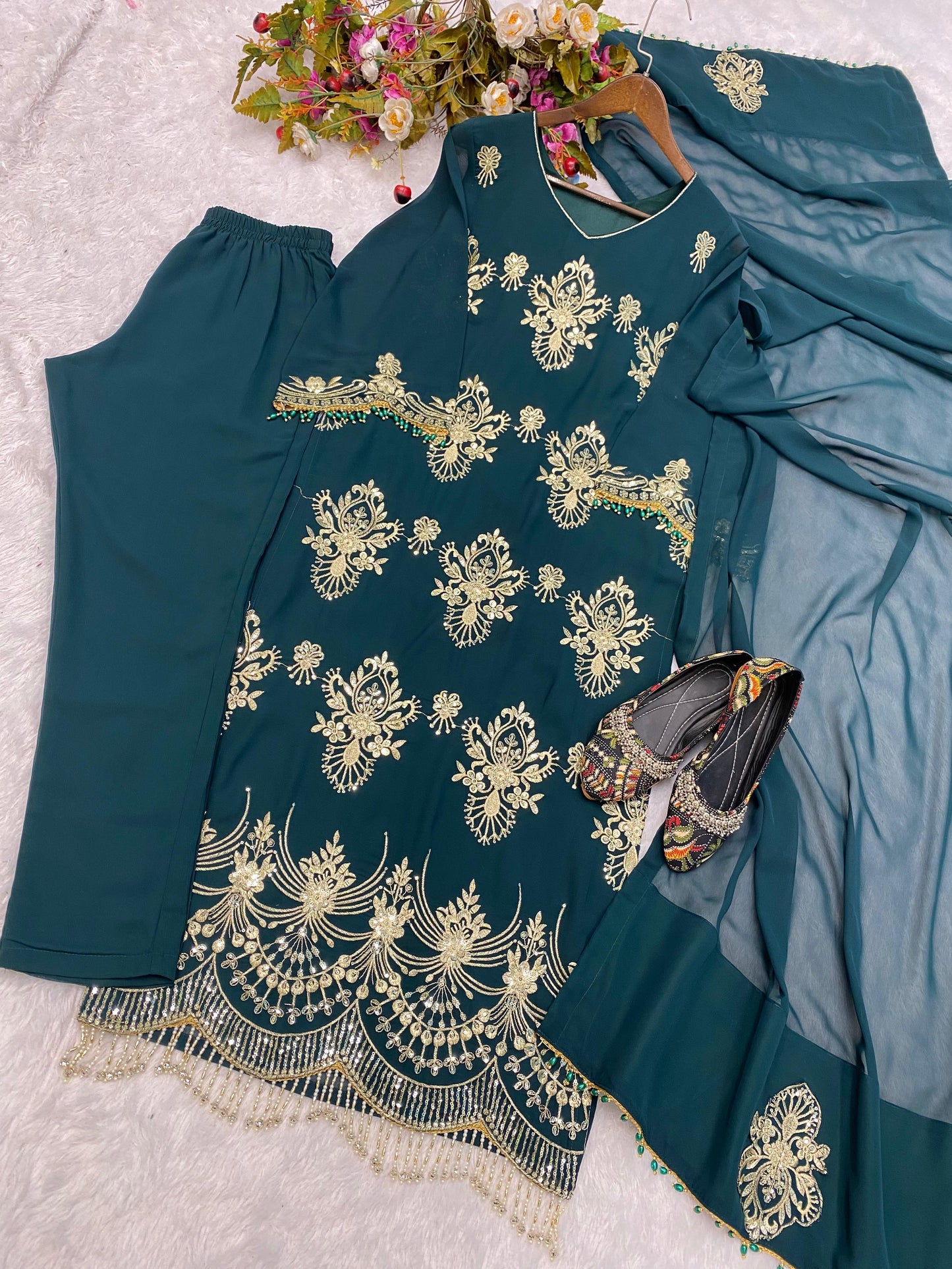 Fabulous Georgette Sequence Embroidered Work Green Color Salwar Suit
