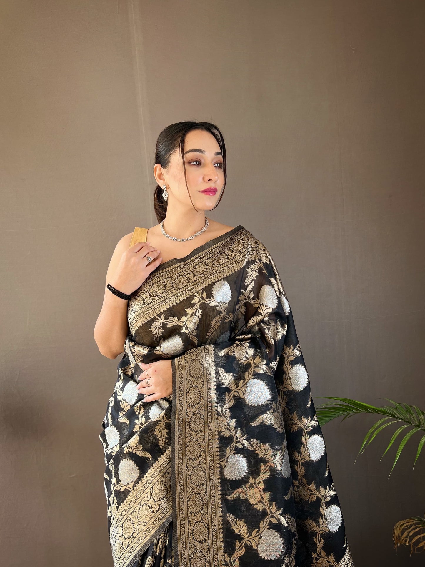 Black Color Copper And Gold Zari Weaving Cotton Saree