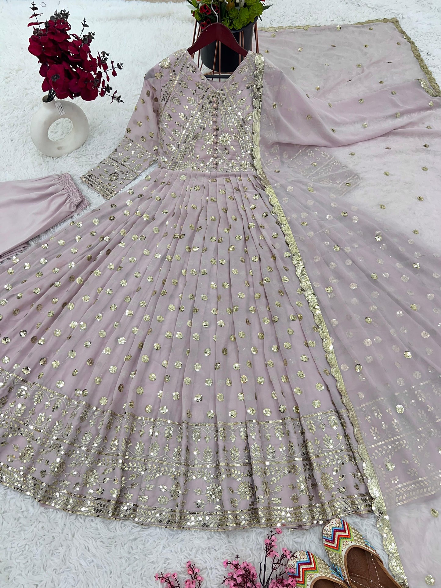 Fantastic Light Pink Sequence Embroidery Work Gown