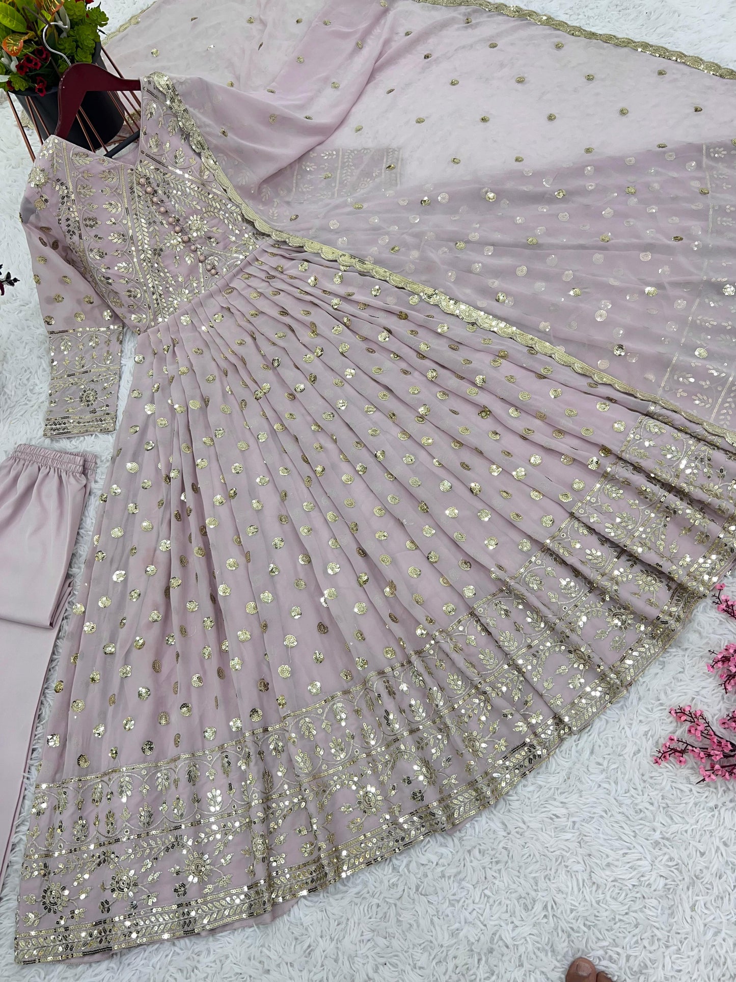 Fantastic Light Pink Sequence Embroidery Work Gown