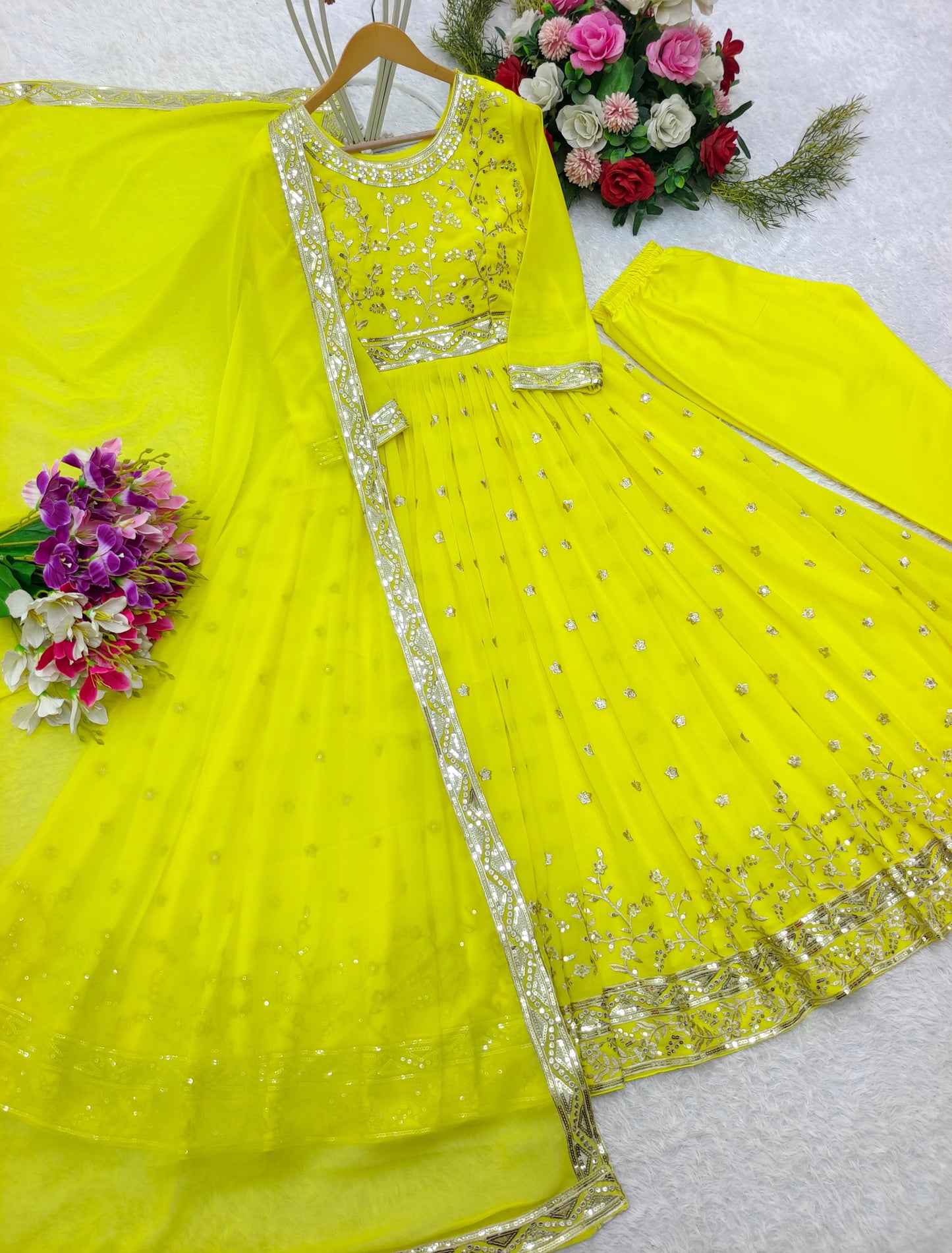 Fashionable Green Color Heavy Cotton Embroidery Sequence Work Designer Gown